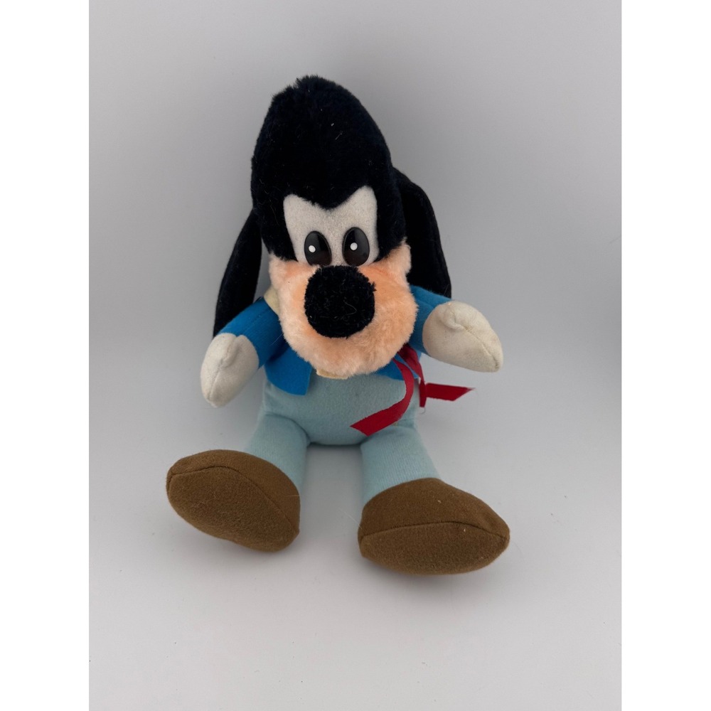 Disney Goofy Plush Stuffed Toy Blue Overalls Red Bow Sitting Animated Character